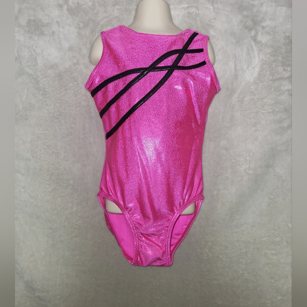 Girls 8-10 Shiny Pink Leotard with Black Geometric Pattern